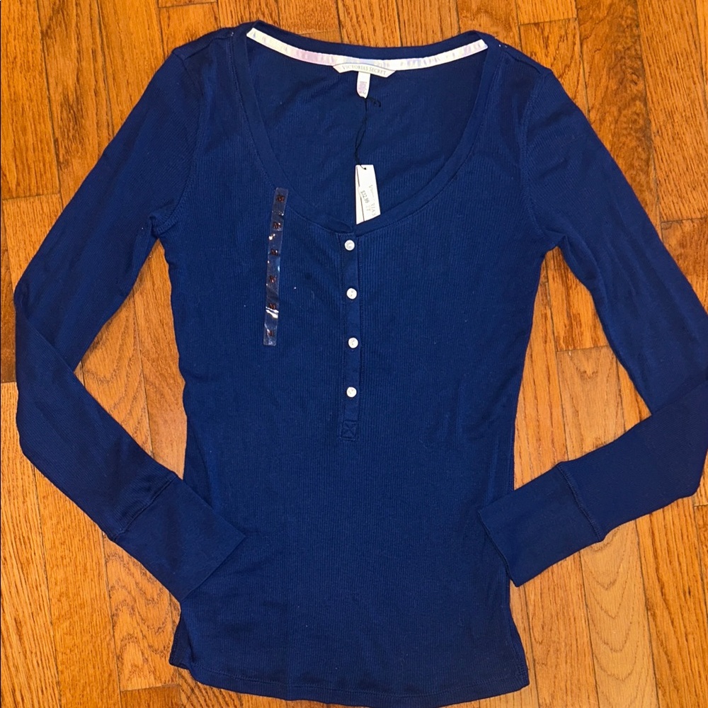 Victoria's Secret Navy Long Sleeve Blouse Sz M Pj’s NWT